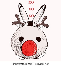 Christmas vector illustration with rabbit in deer horns, funny cute animal