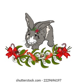 Christmas vector illustration of rabbits with mistletoe. Hares as a symbol of the New Year. Two cute rabbits are kissing under the mistletoe, a Christmas branch of tradition. Holiday card design.