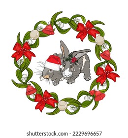 Christmas vector illustration of rabbits with mistletoe. Hares as a symbol of the New Year. Two cute rabbits are kissing under the mistletoe, a Christmas branch of tradition. Holiday card design.
