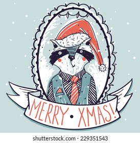 Christmas vector illustration of a raccoon portrait
