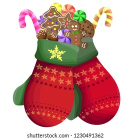 Christmas vector illustration. Red mittens with Christmas sweets, gifts. All elements are isolated.