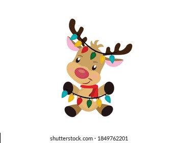 Christmas Vector illustration. Reindeer peeking holding symbol. santa deer sign, Flat style for graphic, web design, Icon, copy space, sale, merry christmas  