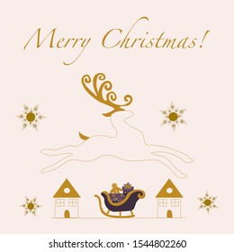 Christmas vector illustration with reindeer, sleight, and houses,perfect to use on the web or in print