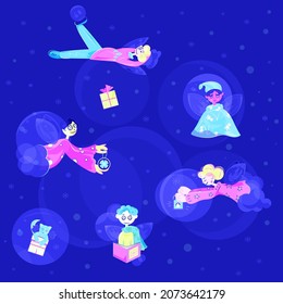 Christmas vector illustration representing flying angels, New Year angels, different angels in the sky at winter time, funny winter card imaging angels at Christmas holidays.