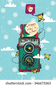 Christmas vector illustration, retro camera on a background of snow.
