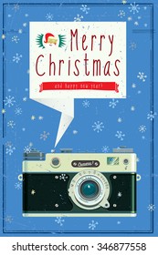 Christmas vector illustration, retro camera on a background of snow.