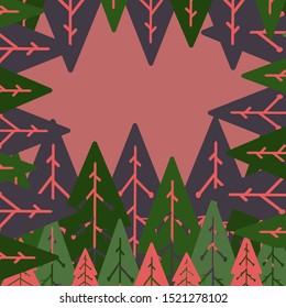 christmas vector illustration. Retro forest on a pink background. New Year card