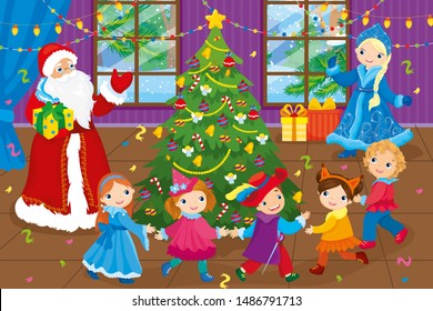 Christmas vector illustration of round dance around smart Christmas tree with children is led by Santa Claus and Snow Maiden