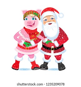 Christmas vector illustration. Santa Claus and pig holding hands.
