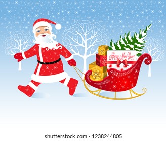 Christmas vector illustration. Santa Claus carries sleigh with gifts.