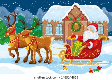 Christmas vector illustration of Santa Claus on Christmas night is carrying gifts on a sleigh drawn by reindeer