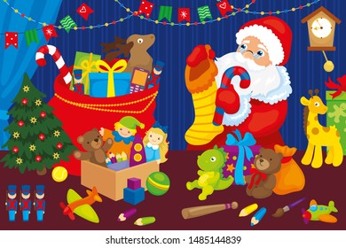 Christmas vector illustration of Santa Claus collects many interesting and beautiful gifts to all children for Christmas in bag