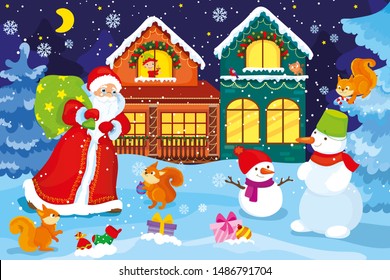 Christmas vector illustration of Santa Claus together with forest animals and snowmen prepares Christmas gifts for children