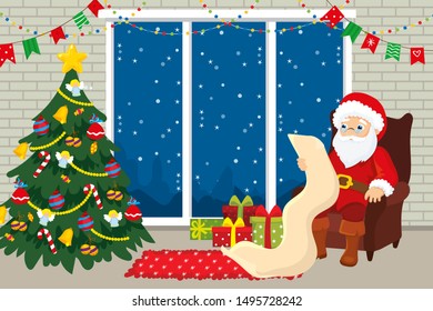 Christmas vector illustration of Santa Claus in room with gifts reading list of gifts 