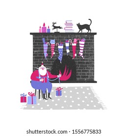 Christmas vector illustration of Santa Claus wrapping gifts next to the fireplace isolated on white background