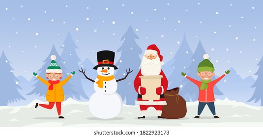 Christmas vector illustration with santa claus, snowman and children outdoors in winter. Christmas cartoon characters for holiday Xmas and New Year.
