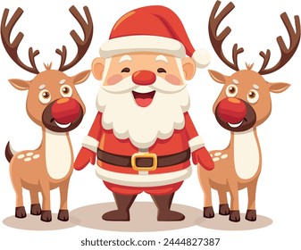 Christmas vector illustration, Santa Claus with reindeers, happy