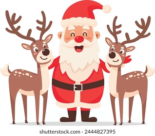 Christmas vector illustration, Santa Claus with reindeers, happy