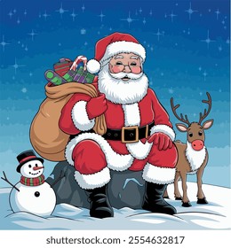 Christmas vector illustration, Santa Claus with reindeers,  snowman. happy santa