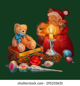 Christmas vector illustration with Santa Claus,  burning candles and gifts
