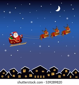 Christmas vector illustration - Santa Claus with Reindeer Sleigh flying over Town