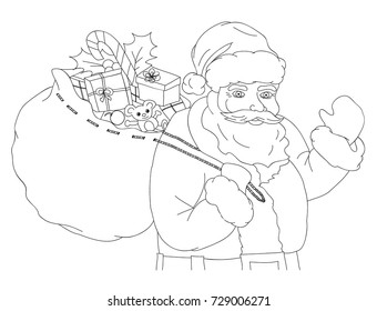 Christmas vector illustration with Santa Claus carrying a sack full of gifts, black and white