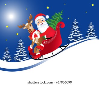 Christmas vector illustration. Santa Claus and deer descend on a sleigh from a hill.
