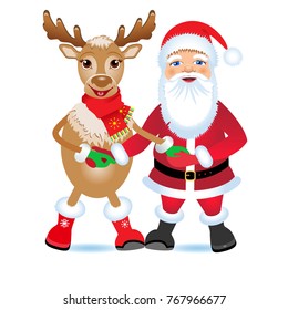 Christmas vector illustration. Santa Claus and deer holding hands.
