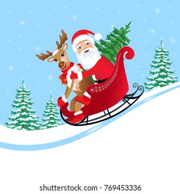 Christmas vector illustration.  Santa Claus in a sleigh and deer.
