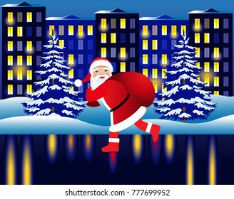 Christmas vector illustration. Santa Claus with gifts goes along the street of the night city.
