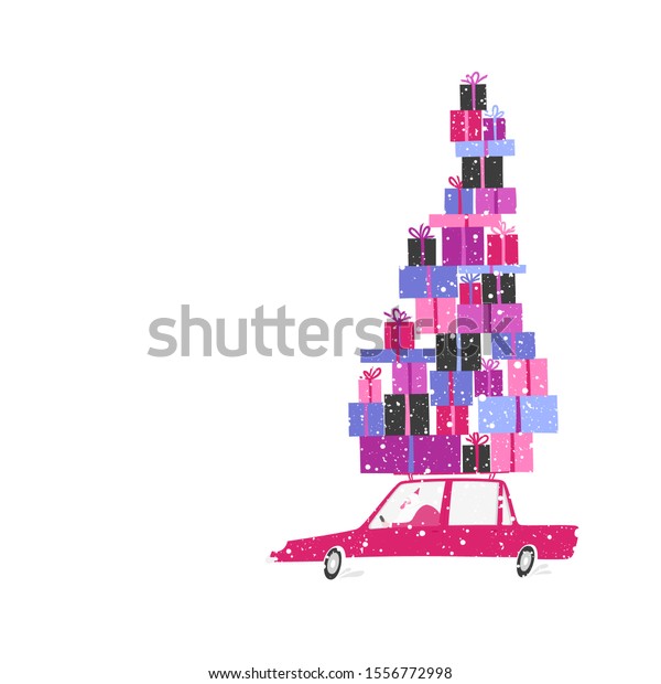 Christmas vector\
illustration of Santa Claus carrying a lot of gift boxes on car\
roof isolated on white\
background