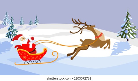 Christmas vector illustration. Santa on a sleigh with a bag of gifts. Running cartoon deer. Snow over Christmas trees.

