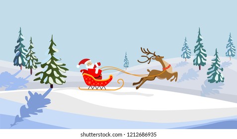 Christmas vector illustration. Santa on a sleigh with a bag of gifts. Running cartoon deer. Snow over Christmas trees.

