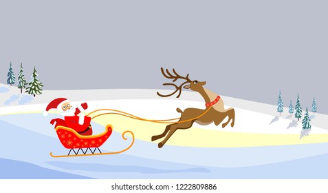 Christmas vector illustration. Santa on a sleigh with a bag of gifts. Running cartoon deer. Snow over Christmas trees.

