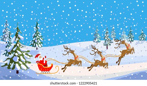 Christmas vector illustration. Santa on a sleigh with a bag of gifts. Running cartoon deer. Snowfall over forest glade. Snow over Christmas trees.