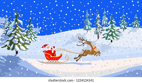 Christmas vector illustration. Santa on a sleigh with a bag of gifts. Running cartoon deer. Snowfall over forest glade. Snow over Christmas trees.