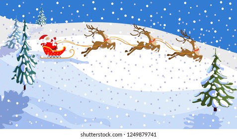Christmas vector illustration. Santa on a sleigh with a bag of gifts. Running cartoon deer. Snowfall over forest glade. Snow over Christmas trees.