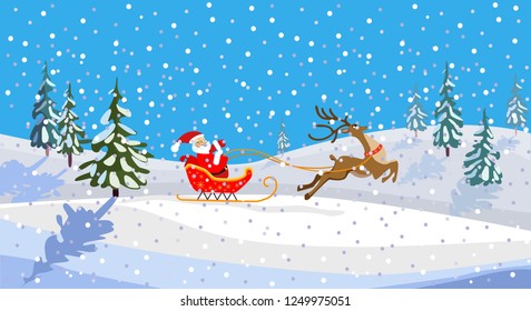 Christmas vector illustration. Santa on a sleigh with a bag of gifts. Running cartoon deer. Snowfall over forest glade. Snow over Christmas trees.