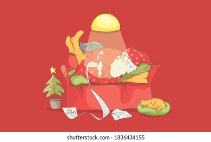 Christmas vector illustration. Santa reading a letter. Santa Claus on the couch in pajamas with cats.	

