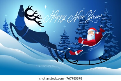 Christmas vector illustration.  Santa in a sleigh and deer.