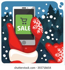 Christmas vector illustration with Santa's hands selfie and mobi