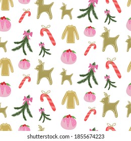 Christmas vector illustration, seamless pattern. New Year Eve. Christmas tree, candy, cookies in shape of sweater and deer.