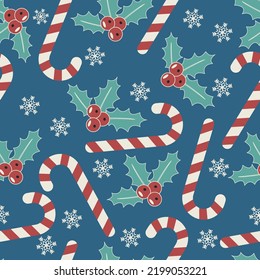 Christmas vector illustration. Seamless pattern with candy canes, mistletoe, snowflakes