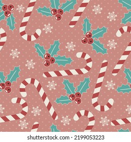 Christmas vector illustration. Seamless pattern with candy canes, mistletoe, snowflakes