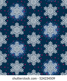 Christmas vector illustration. Seamless pattern with snowflakes, stars on dark blue background.