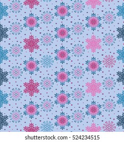 Christmas vector illustration. Seamless pattern with snowflakes, stars, little hearts on light blue background.