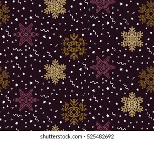Christmas vector illustration. Seamless pattern with snowflakes and small stars, hearts and garlands on vinous background.