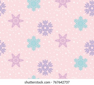 Christmas vector illustration. Seamless pattern with snowflakes and small stars, hearts and garlands on light pink background.