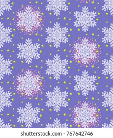 Christmas vector illustration. Seamless pattern with snowflakes, stars on lilac background.