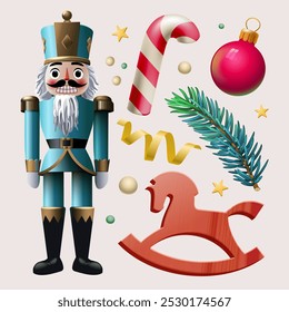 Christmas vector illustration set characters. Nutcracker, rocking horse, Christmas candy, ball, serpentine, fir tree branch. Perfect for holiday greetings and decorations